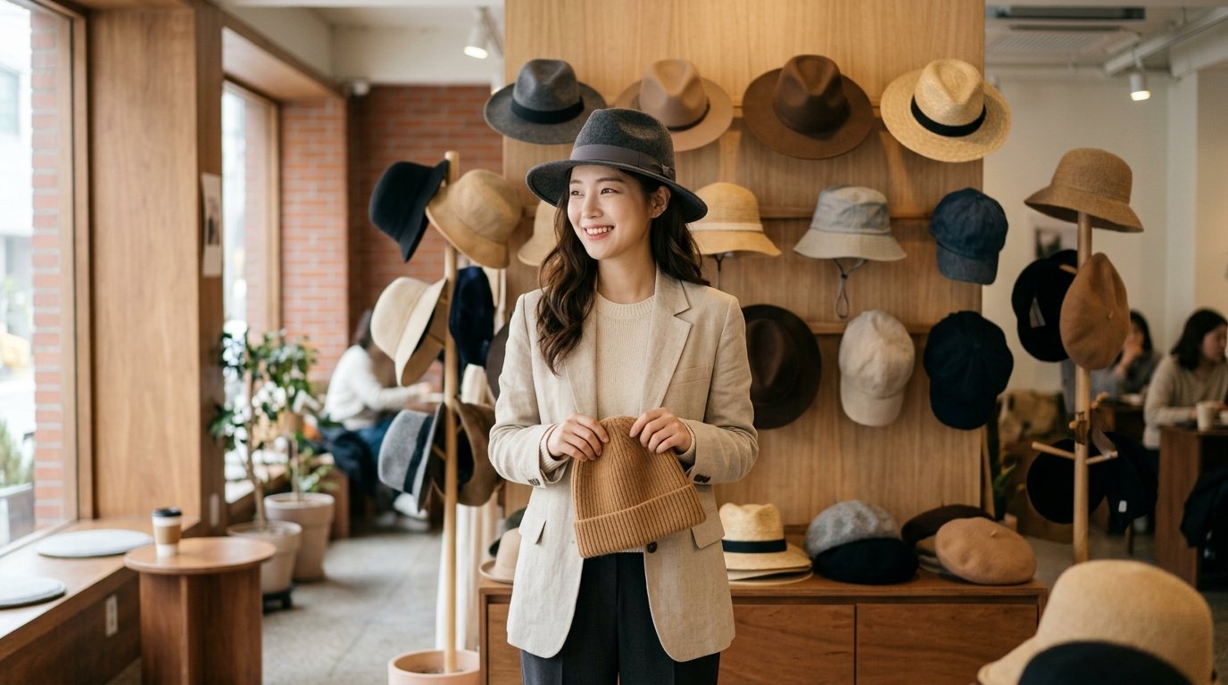 여성 모자들이 진열된 브랜딩 쇼룸 풍경