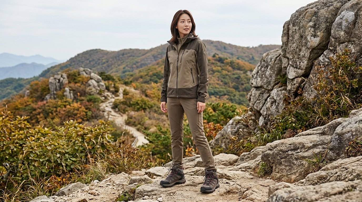 자연 속 여성 탐험가와 등산화의 풍경 사진