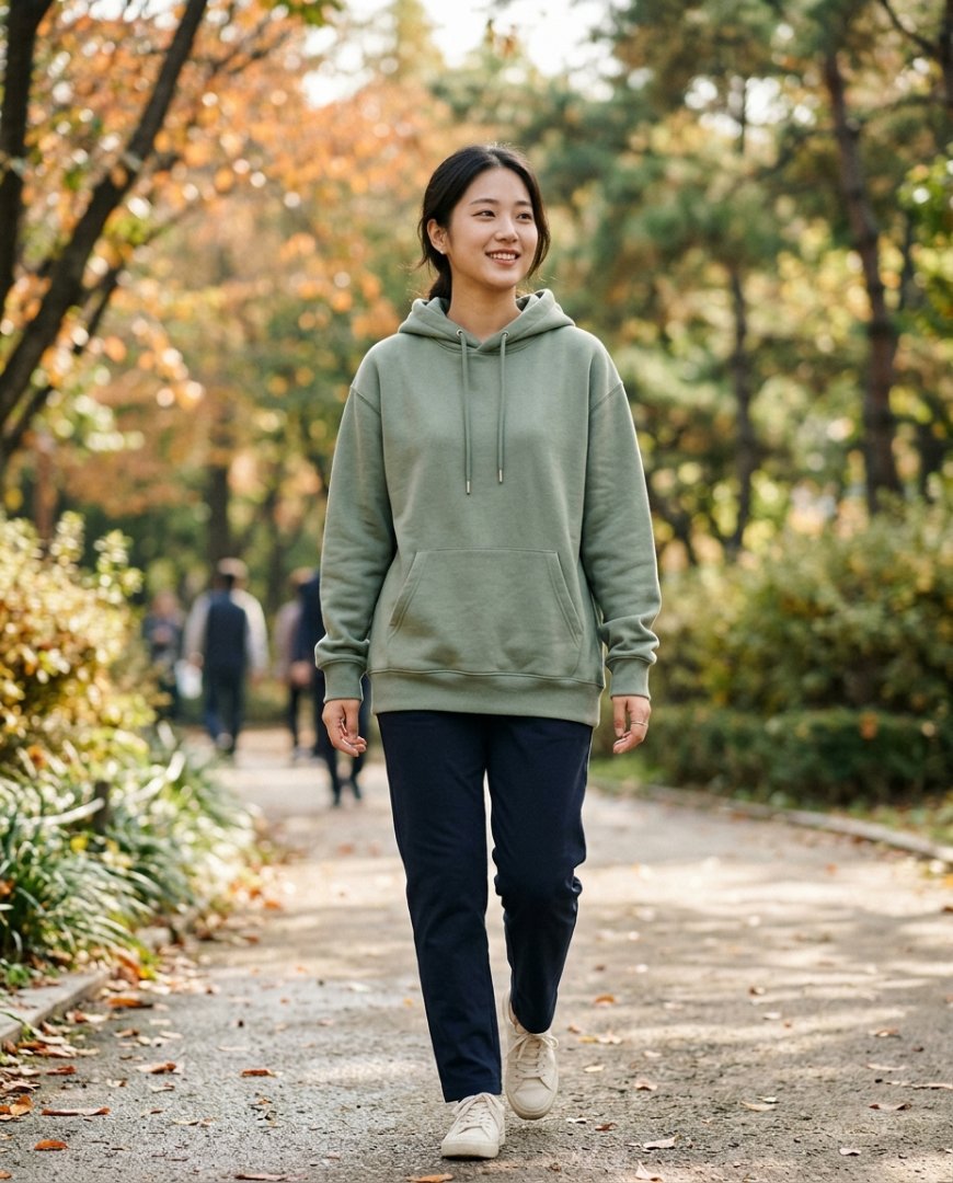 공원에서 후드티와 레깅스를 입은 여성