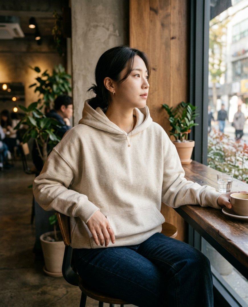 카페에서 후드티와 셔츠를 입은 여성