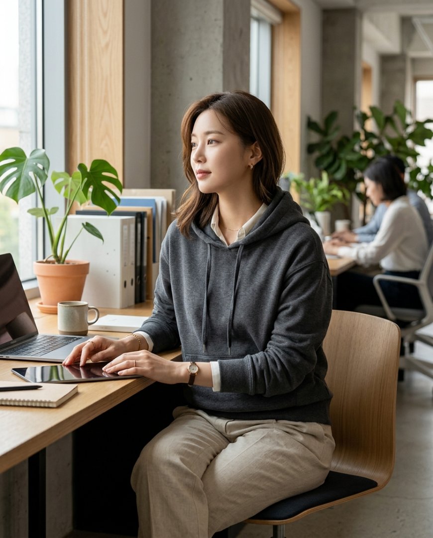 사무실에서 후드티와 슬랙스를 입은 직장인