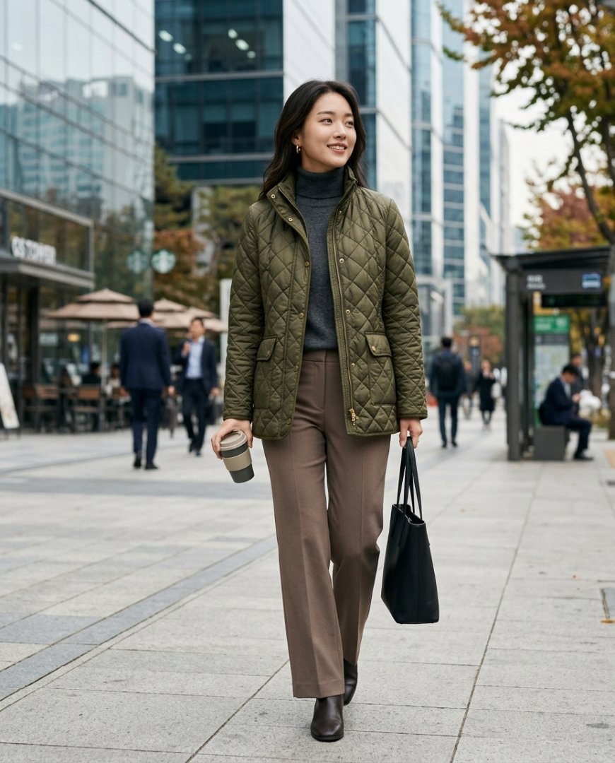 블랙 긴 자켓과 슬랙스, 블라우스를 착용한 여성