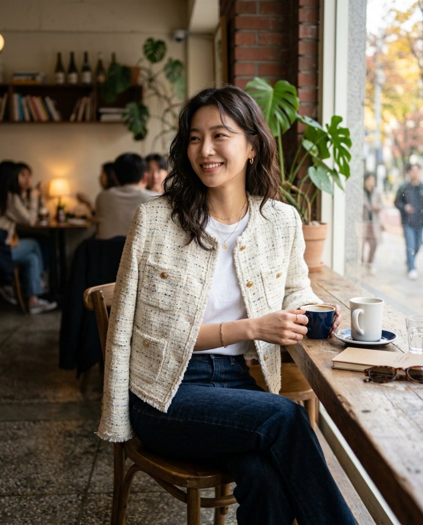 그린 짧은 자켓과 데님, 운동화를 착용한 여성