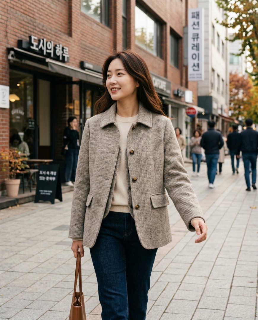 다양한 색상의 패턴 자켓과 기본 티셔츠, 로퍼를 착용한 여성