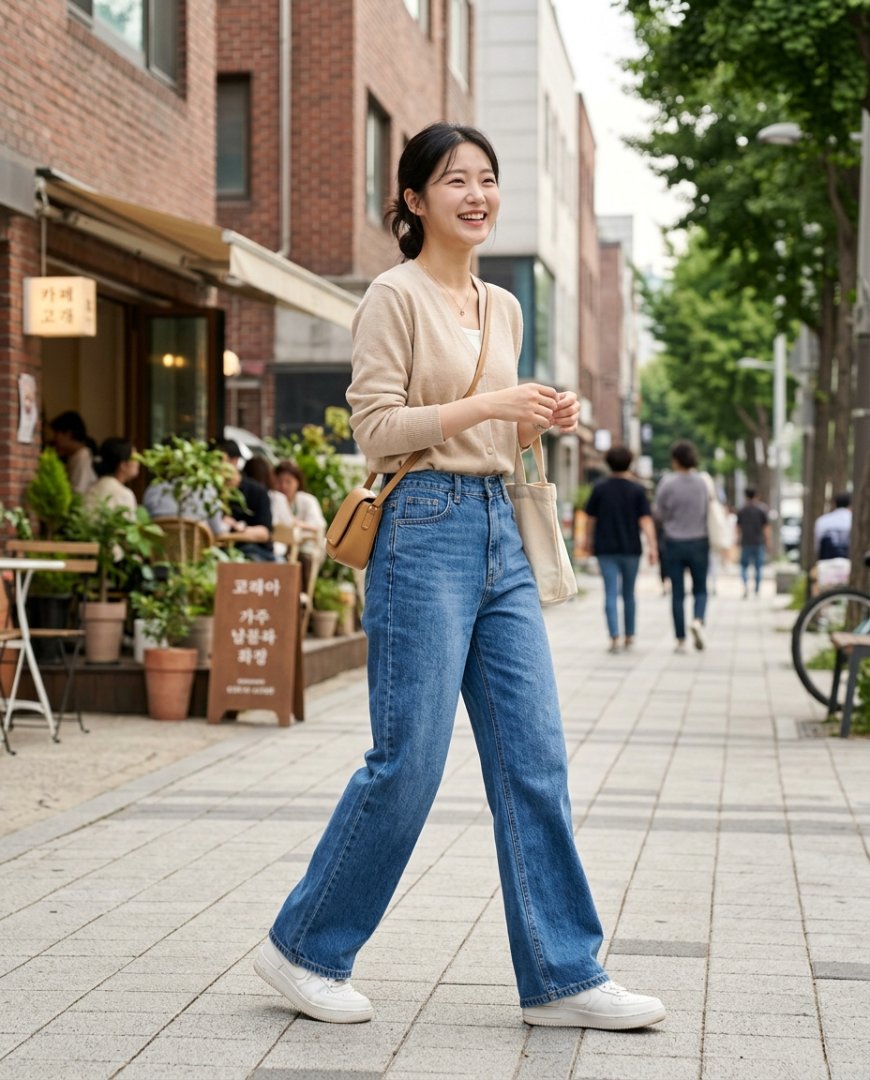 와이드 핏 청바지로 편안한 주말 스타일