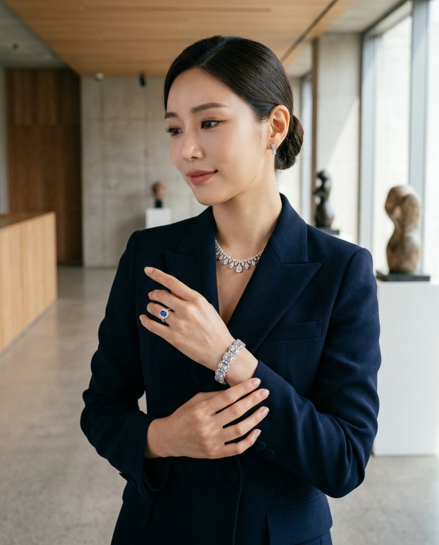 정장 차림에 세련된 주얼리를 착용한 모습