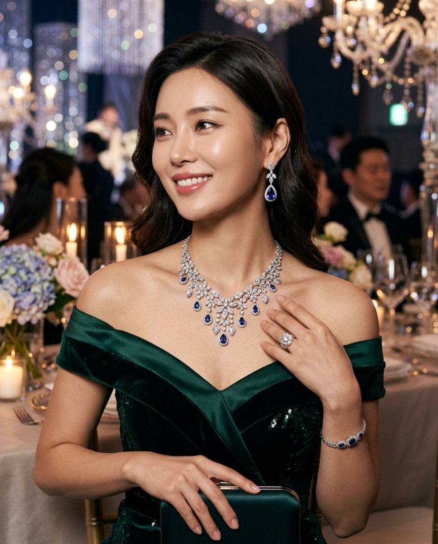 화려한 드레스와 잘 어울리는 레드 목걸이 착용 모습