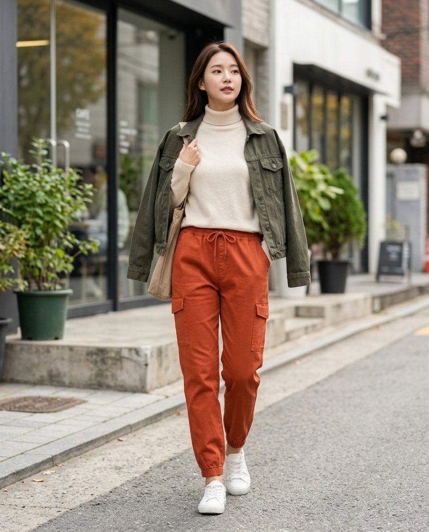 도시 거리에서 블라우스와 로퍼로 매치한 세련된 여성의 모습