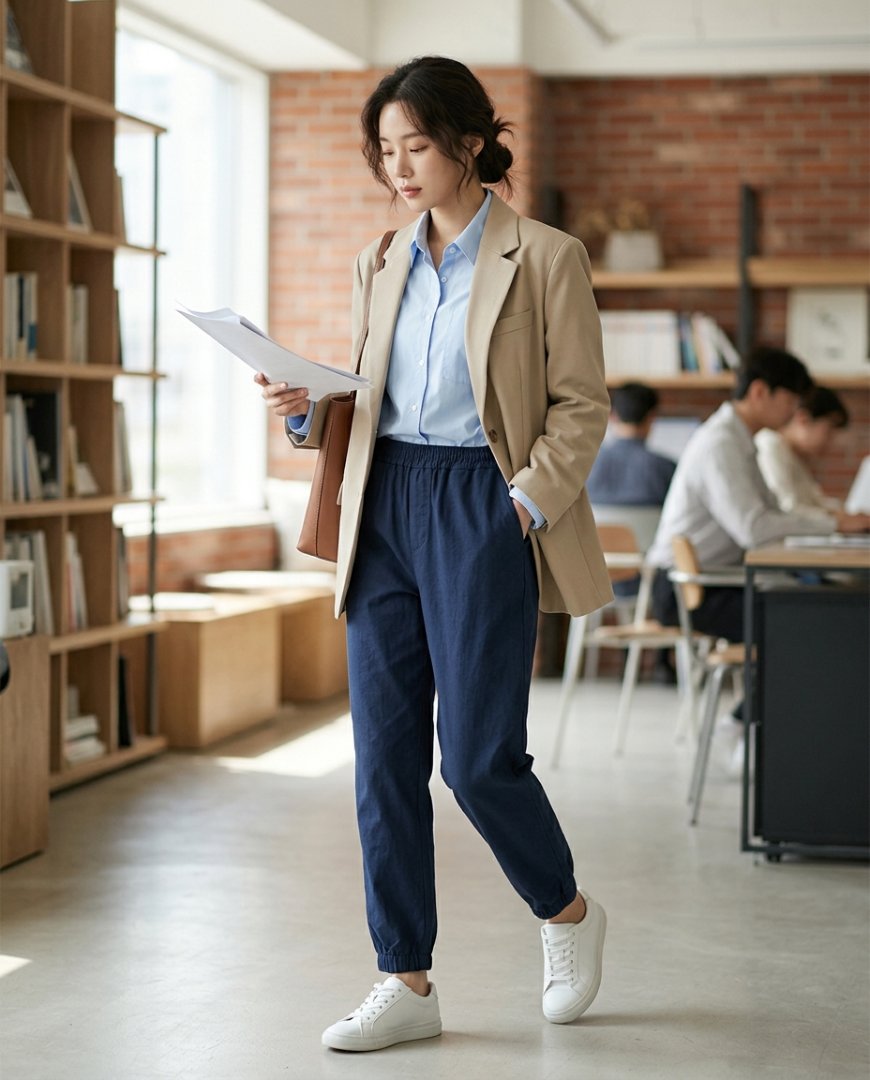 오피스에서 재킷과 힐로 마무리한 직장인 열 여성