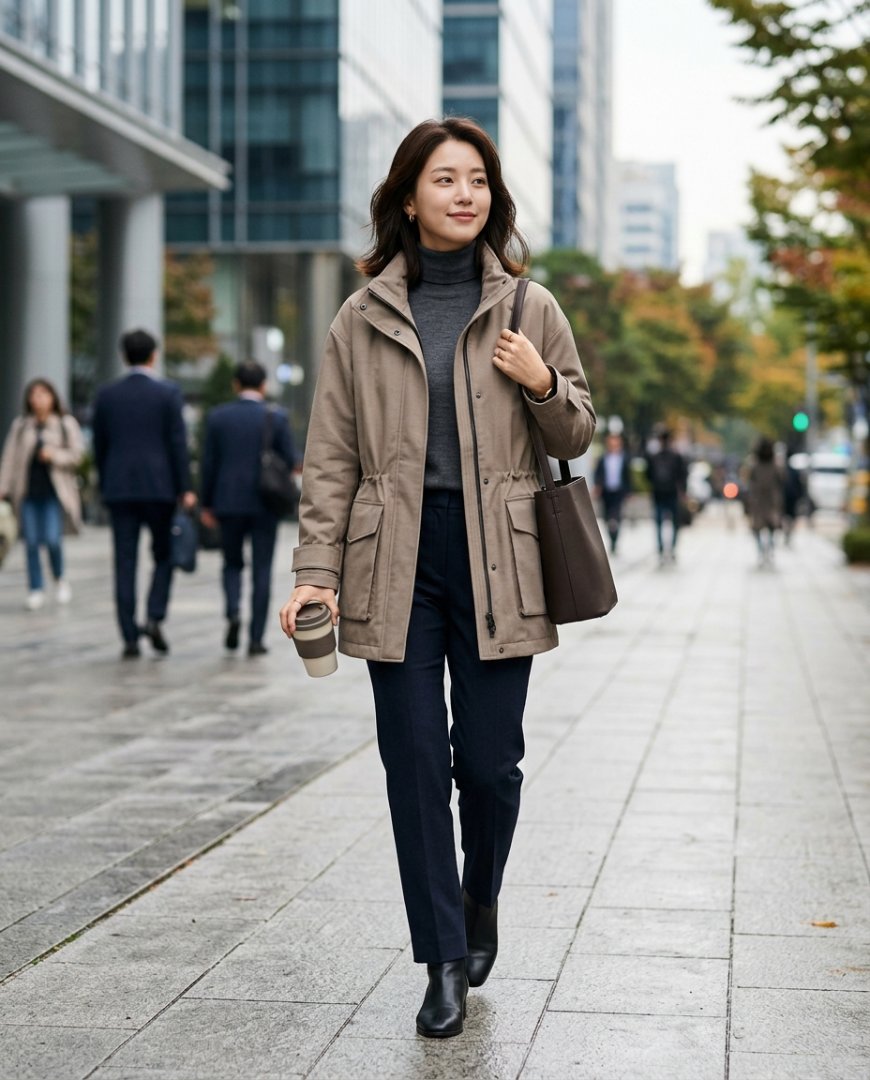 여성이 블랙 점퍼와 슬랙스를 매치한 모습