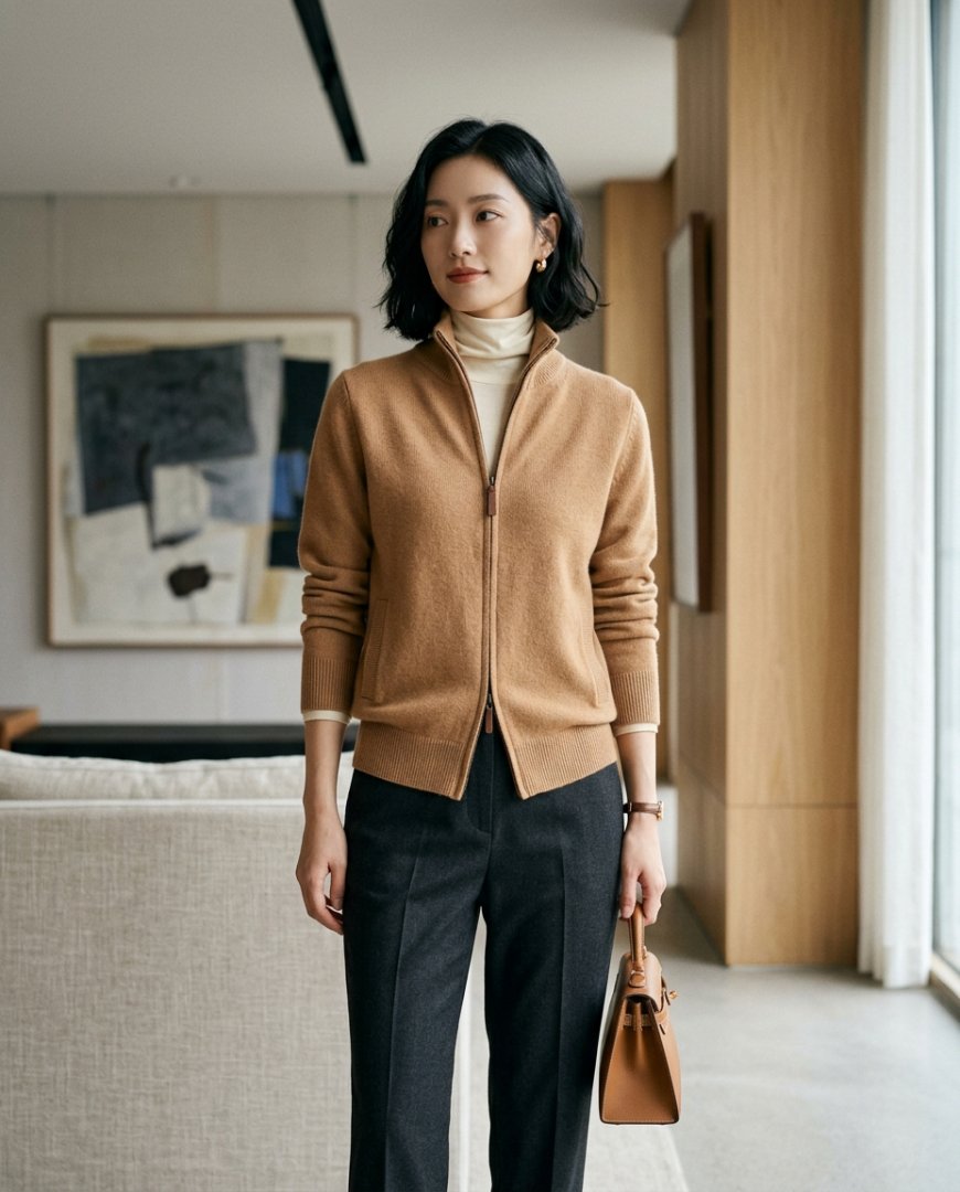 여성이 네이비 점퍼와 실크 블라우스를 매치한 모습