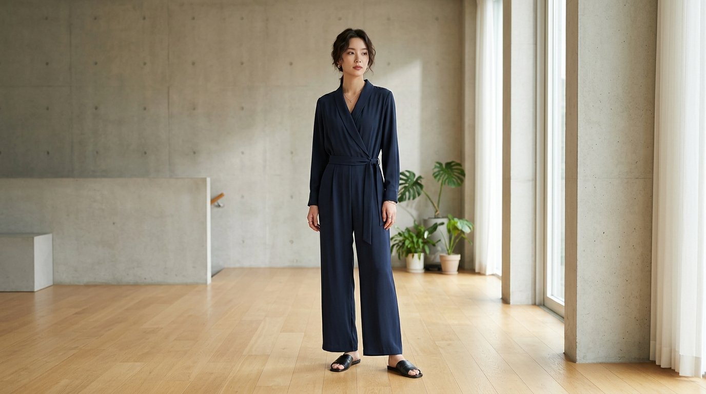 도시 거리에서 다양한 포즈를 취한 점프수트 착용자.