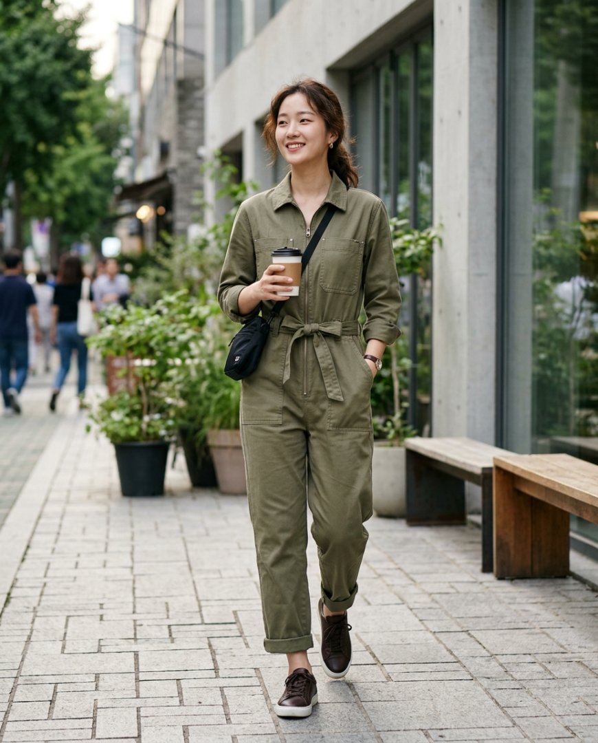 공원 벤치에서 캐주얼한 점프수트를 입은 인물