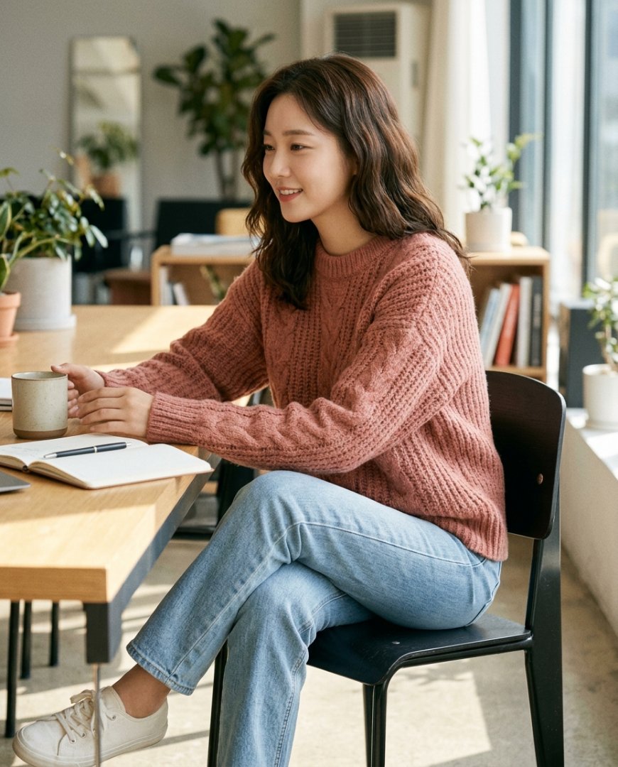 데님과 캐시미어 니트로 연출된 편안한 일상룩