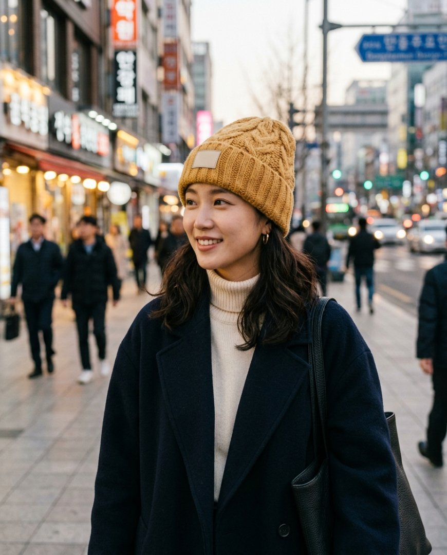 도시 거리에서 폼나는 비니와 스트리트웨어를 입은 모습