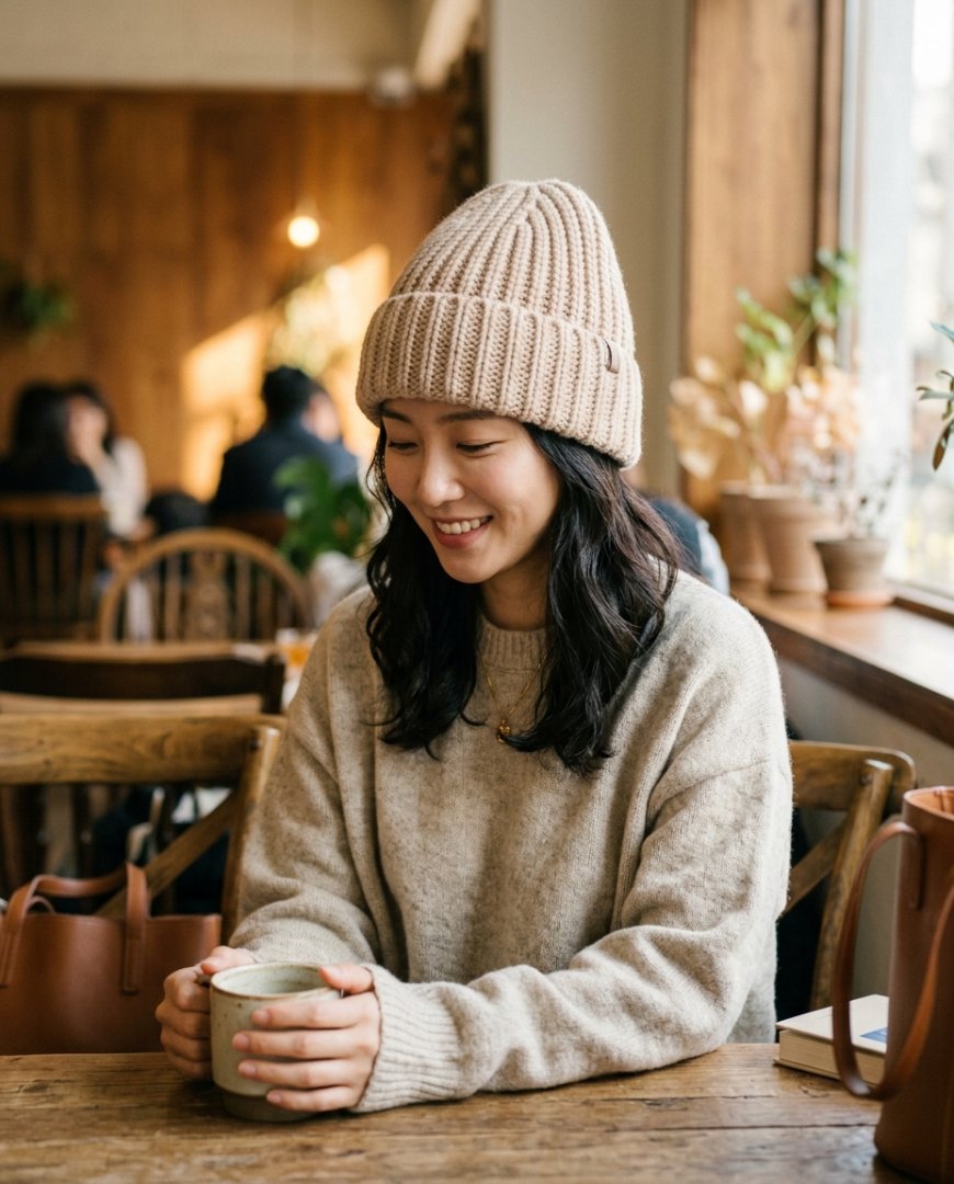 홈 라운지에서 아이보리 비니와 편안한 니트를 입은 장면