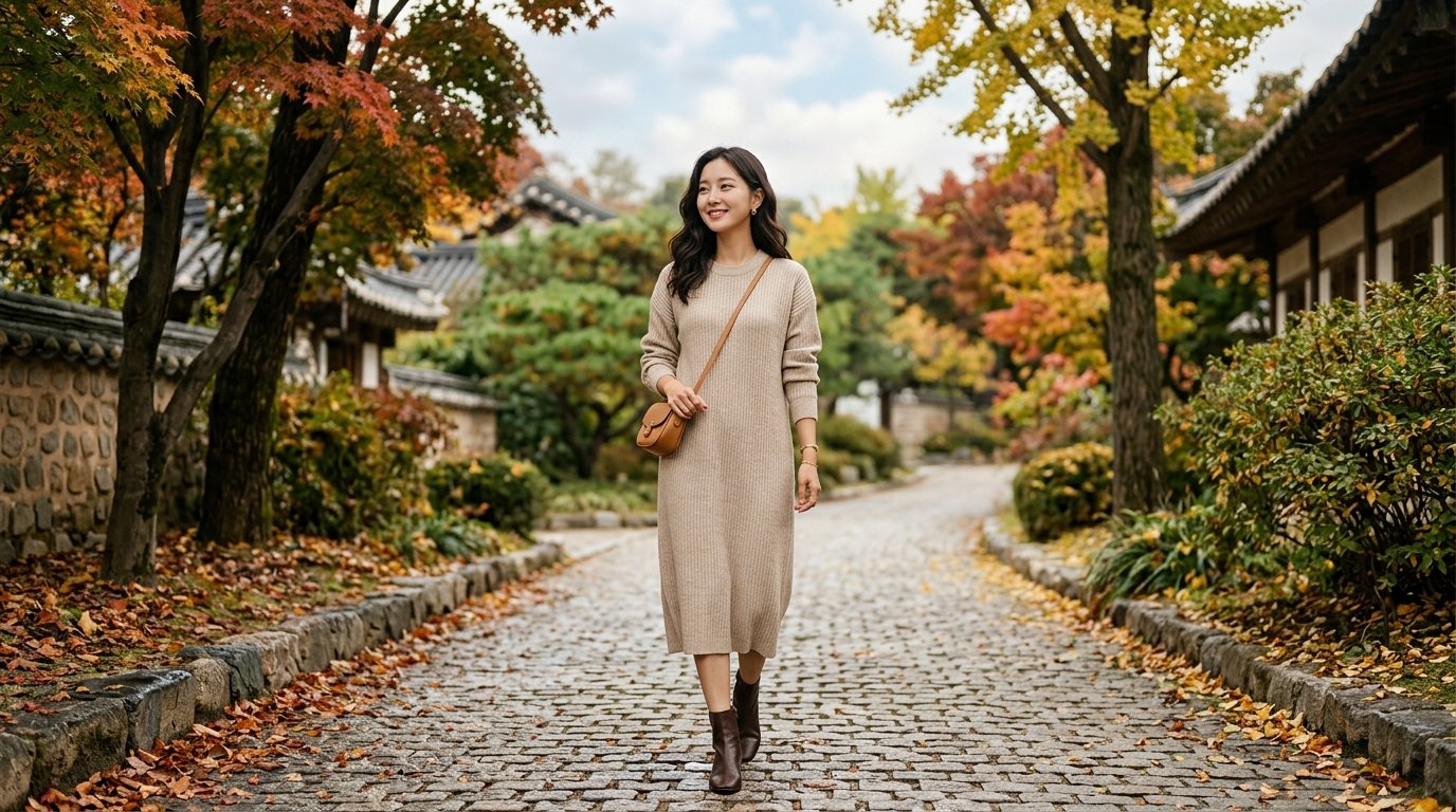 다양한 니트원피스가 걸려 있는 쇼룸