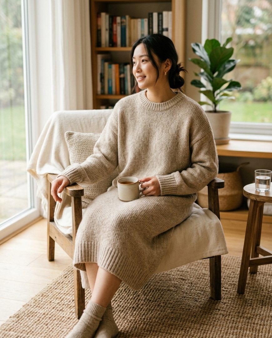 주말 리빙룸에서 니트 원피스를 입고 있는 모습