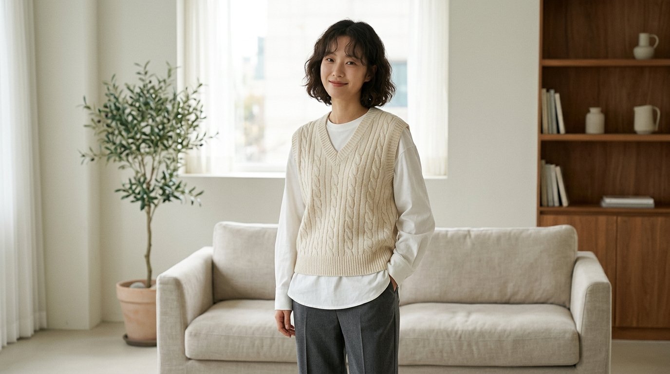 다양한 색상의 니트조끼가 정장과 캐주얼 룩과 함께 전시