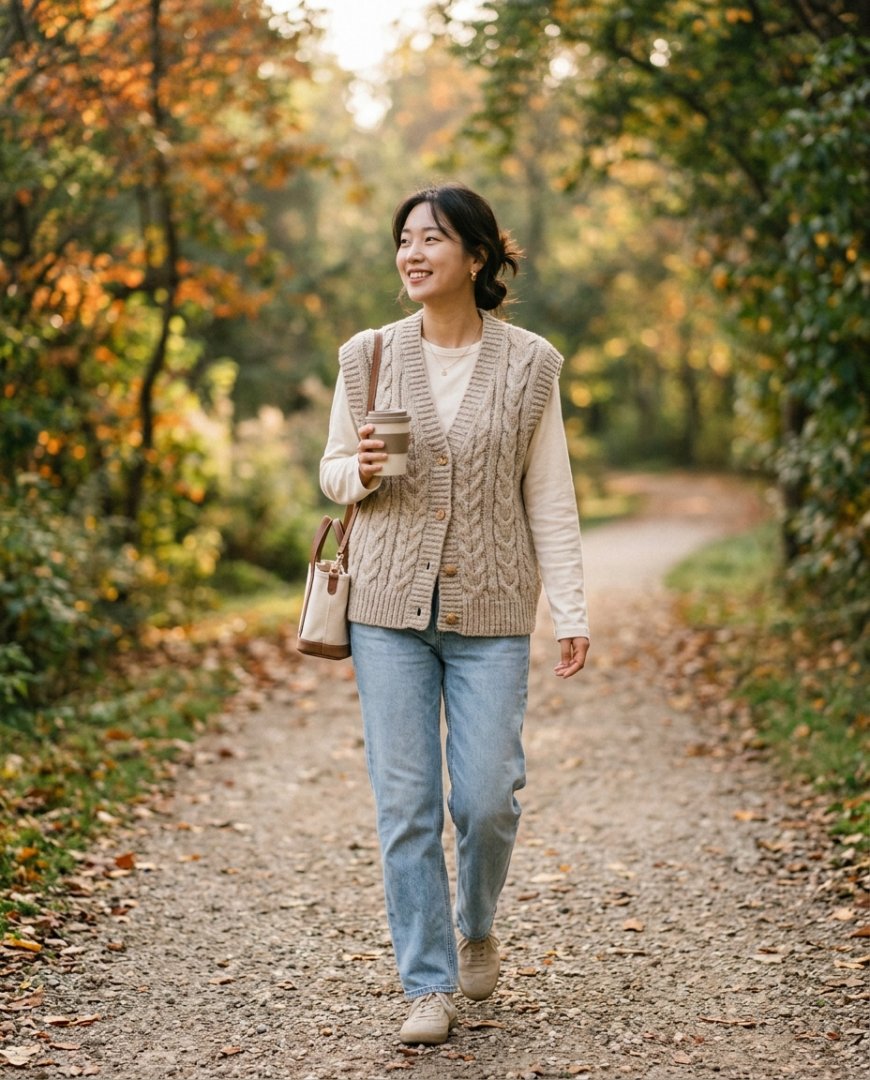 아이보리 니트조끼와 데님 셔츠로 매칭한 아침날