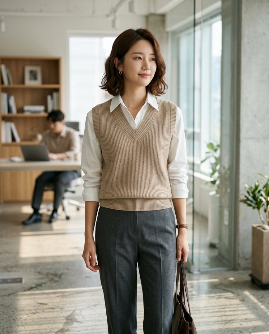 오피스 내에서 그레이 니트조끼와 셔츠를 입은 모습