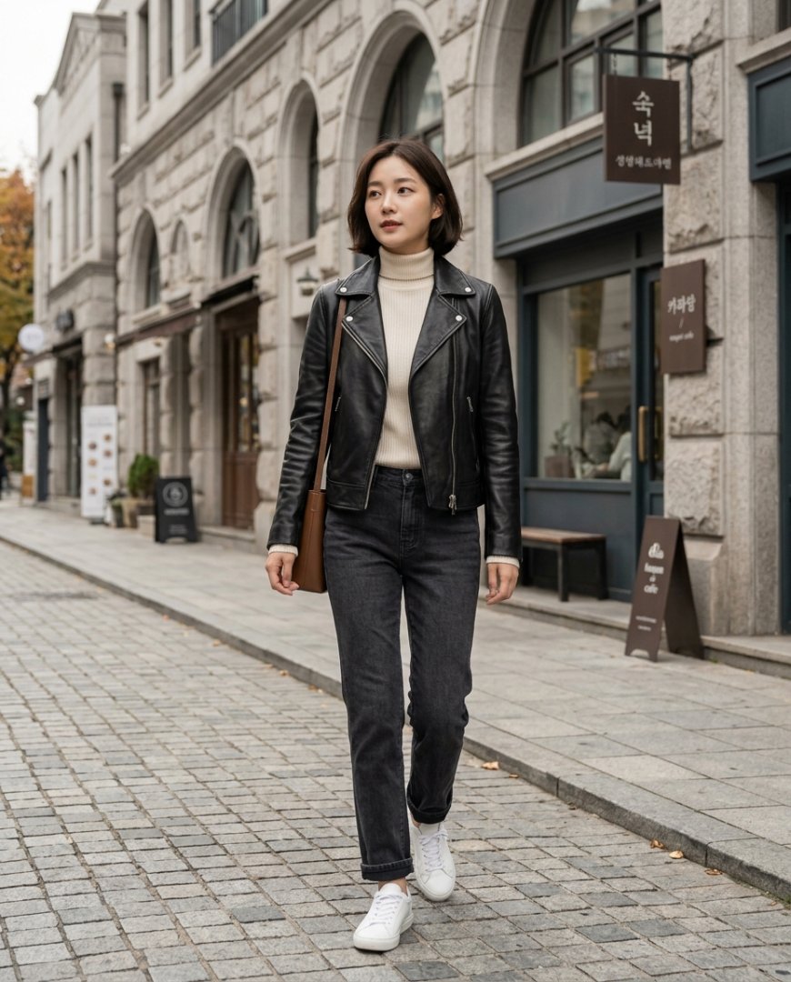 여성이 도심 거리에서 가죽자켓을 입고 걷는 모습
