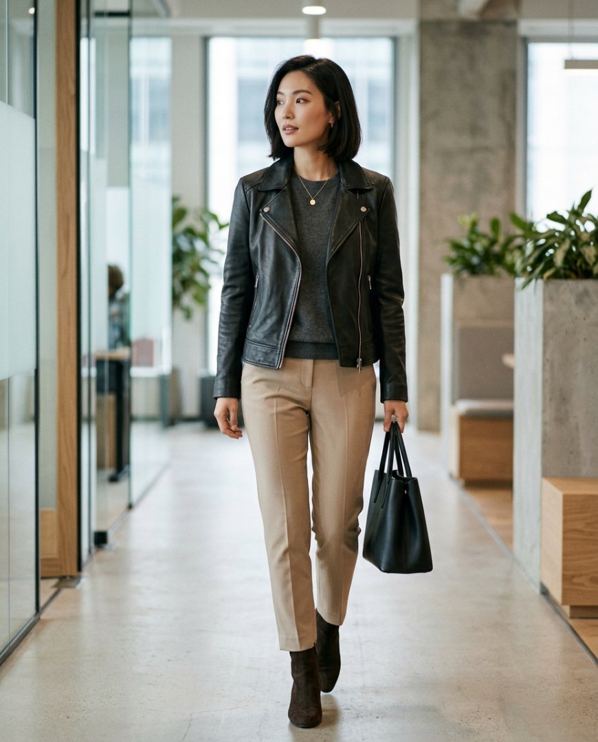 여성이 회의실에서 가죽자켓을 입고 있는 모습