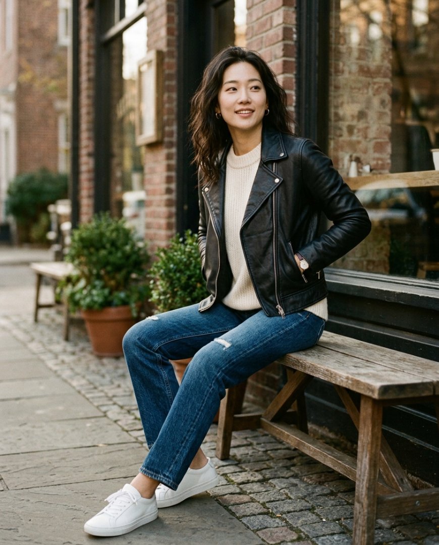 여성이 공원에서 산책하며 캐주얼 가죽자켓을 입은 모습
