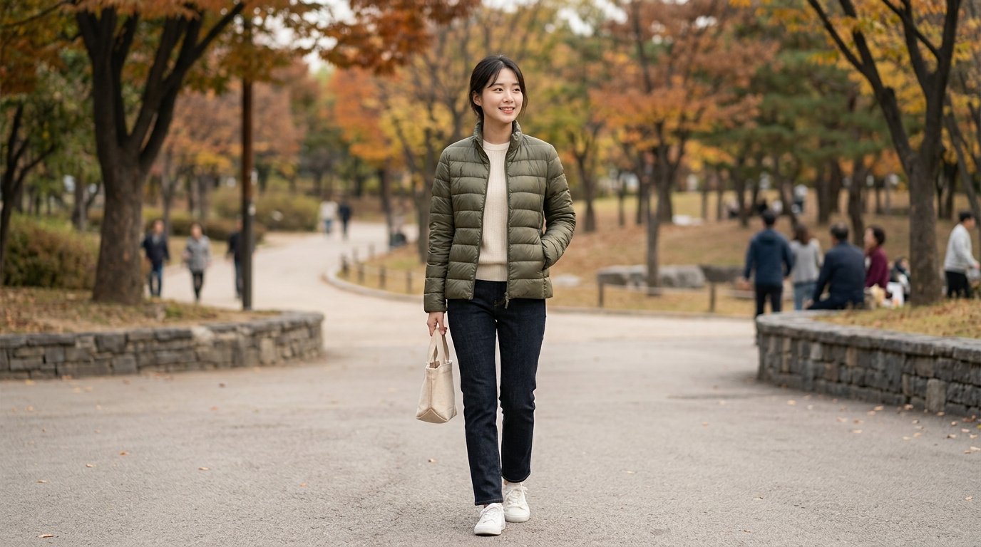 여성들이 다양한 색상의 경량패딩을 입고 공원에서 산책하는 모습