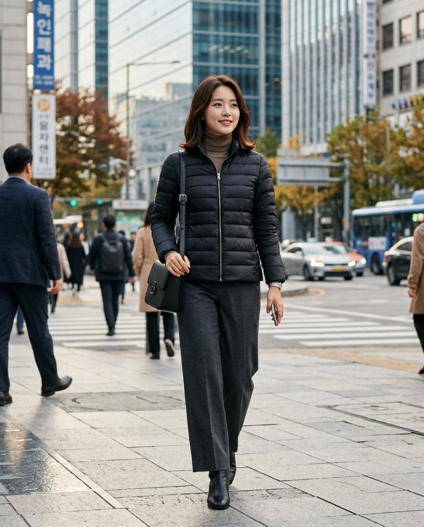 도시 배경에서 모노톤 의상과 블랙 경량패딩을 착용한 여성들