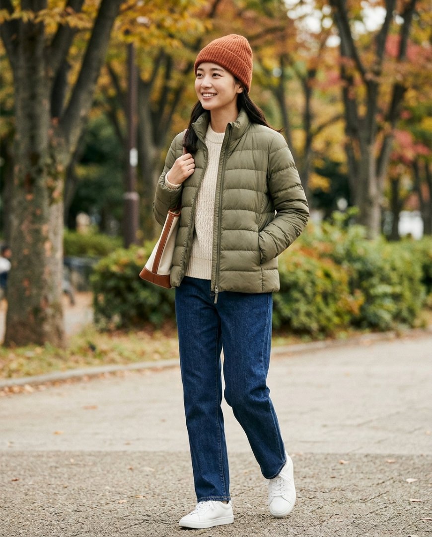공원에서 브라운 경량패딩을 입고 산책 중인 여성들