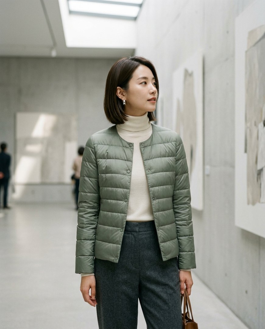 미술관에서 블랙 다운점퍼와 슬랙스를 조합한 여성들