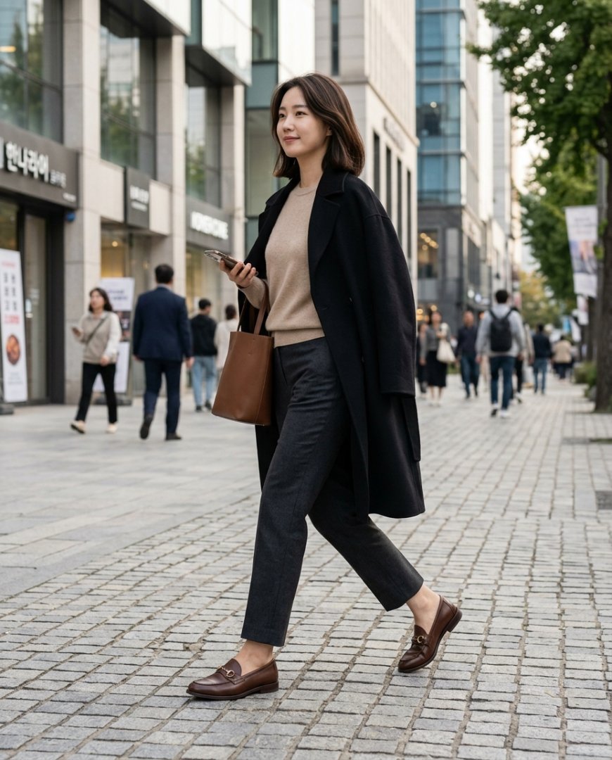 브라운 로퍼와 청바지를 입은 여성의 도심 산책