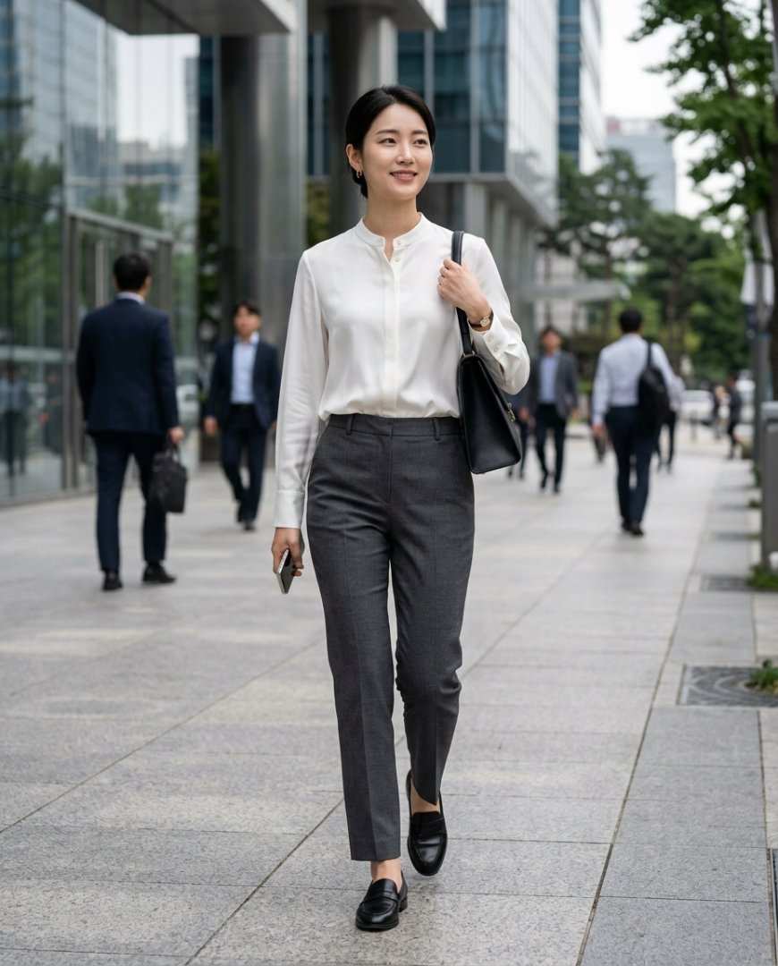 여성이 사무실에서 화이트 블라우스를 입고 노트북 앞에 앉아 있는 모습