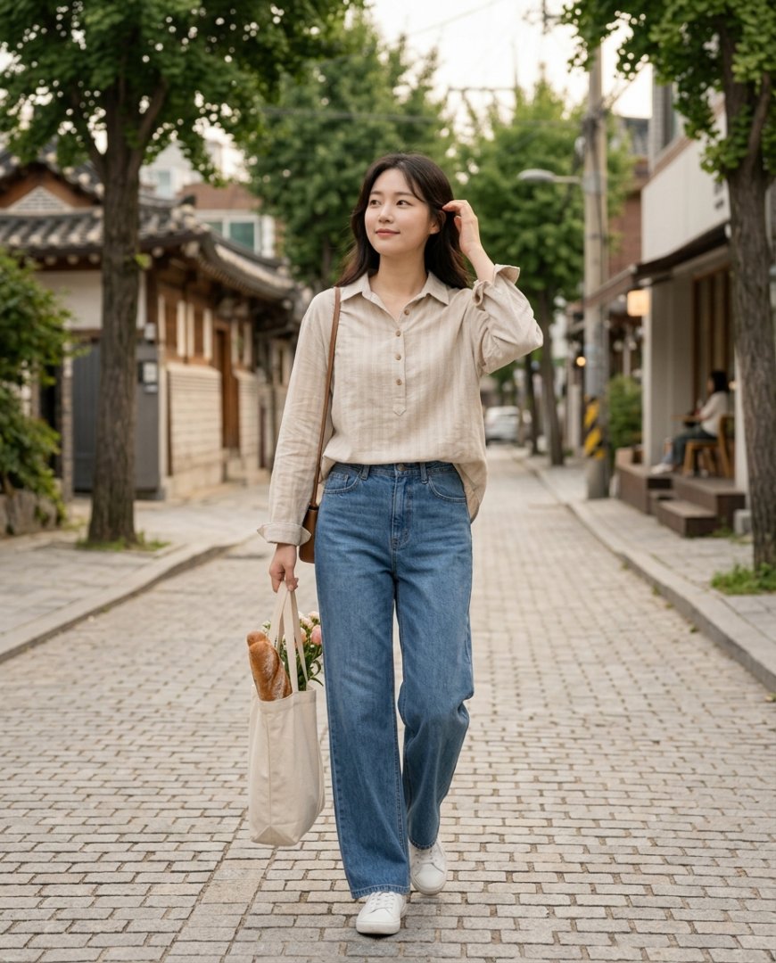 여성이 공원에서 네이비 블라우스와 데님 팬츠를 입고 웃고 있는 장면