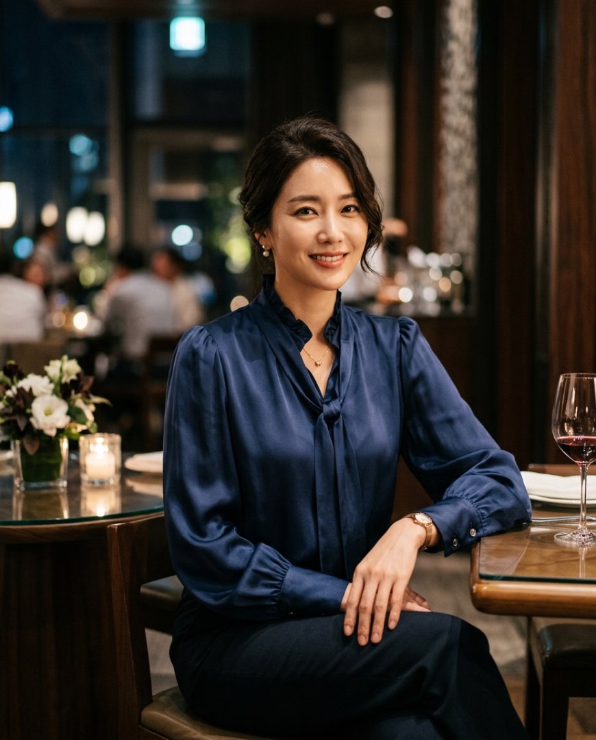 여성이 레스토랑에서 브라운 블라우스를 입고 식사를 즐기는 장면