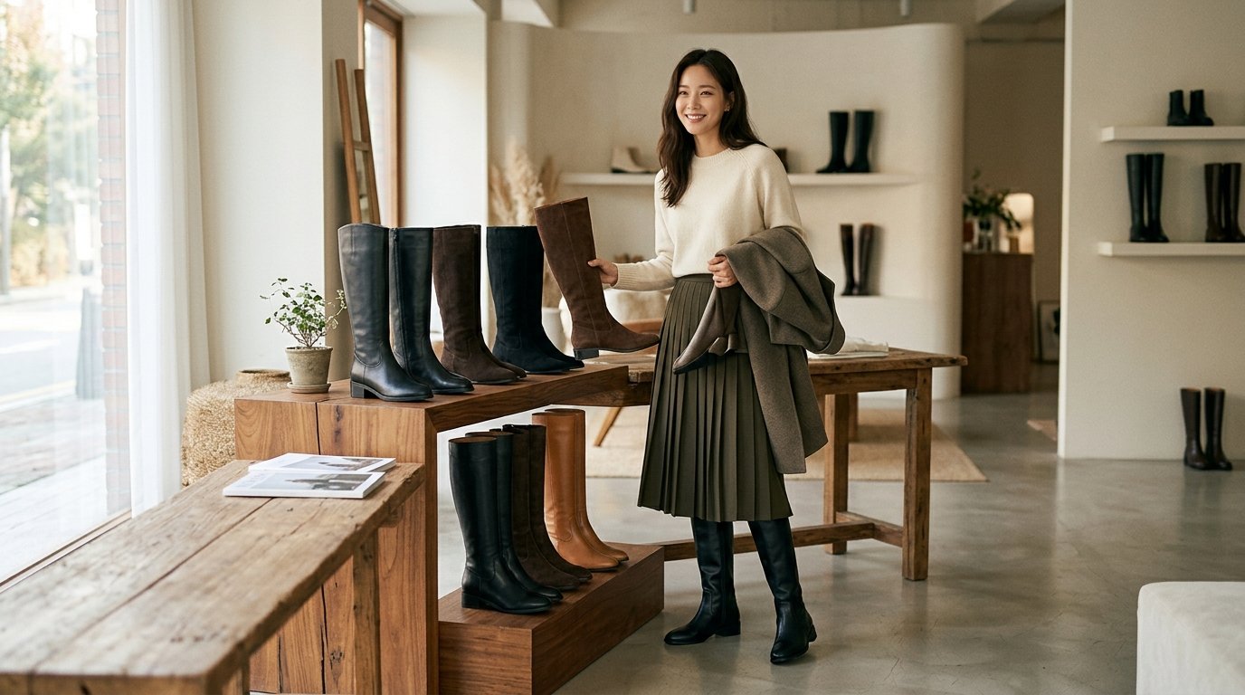 도시 메인 스트리트를 배경으로 롱부츠를 착용한 여성