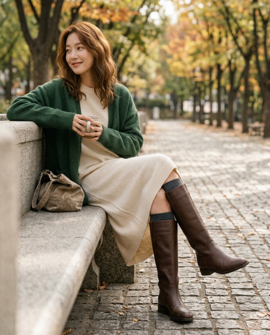 공원 산책을 위한 캐주얼한 데님과 롱부츠 착장