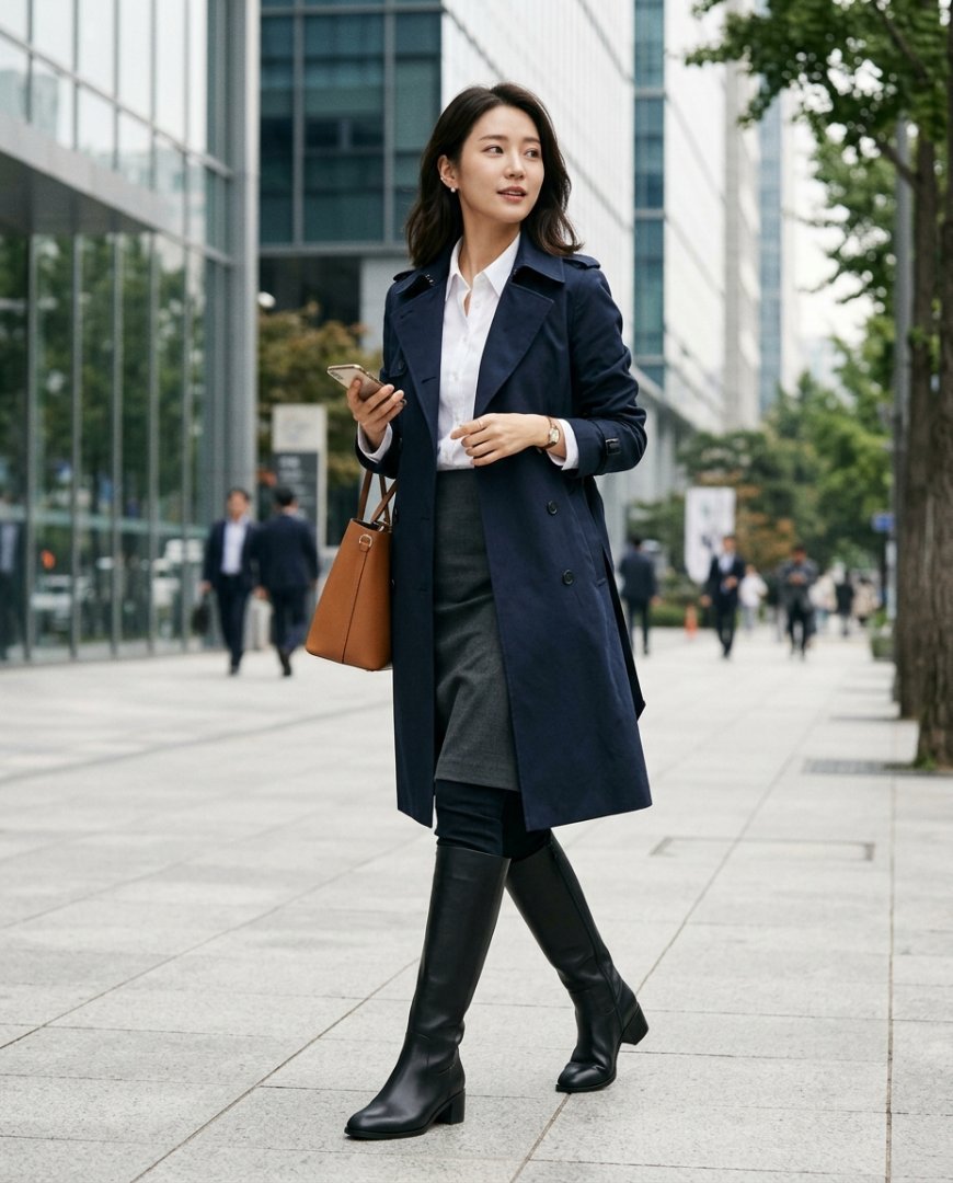사무실에서의 블랙 롱부츠와 슬랙스 코디