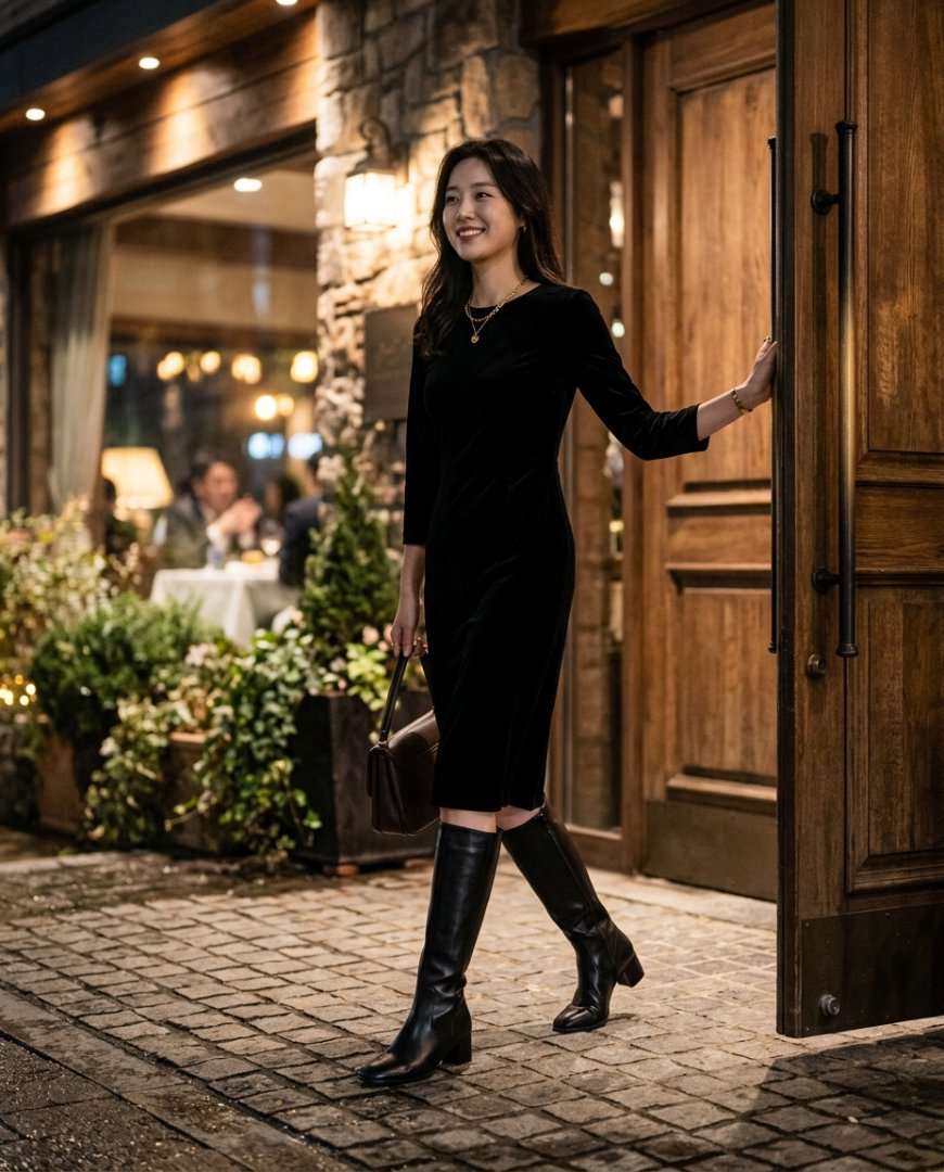 레스토랑 분위기에서의 우아한 롱부츠와 스커트 착장