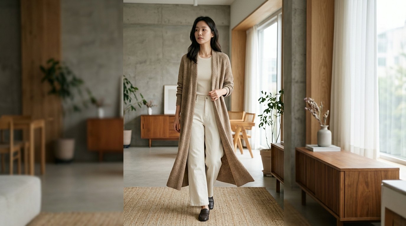 패션 부티크에서 다양한 롱가디건이 걸려 있는 장면
