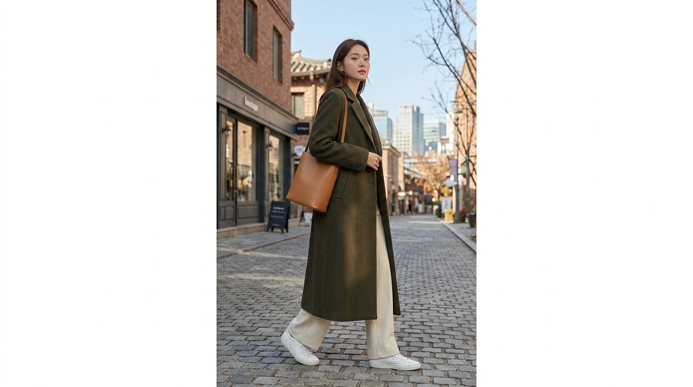 도심의 세련된 롱코트 스타일링 장면