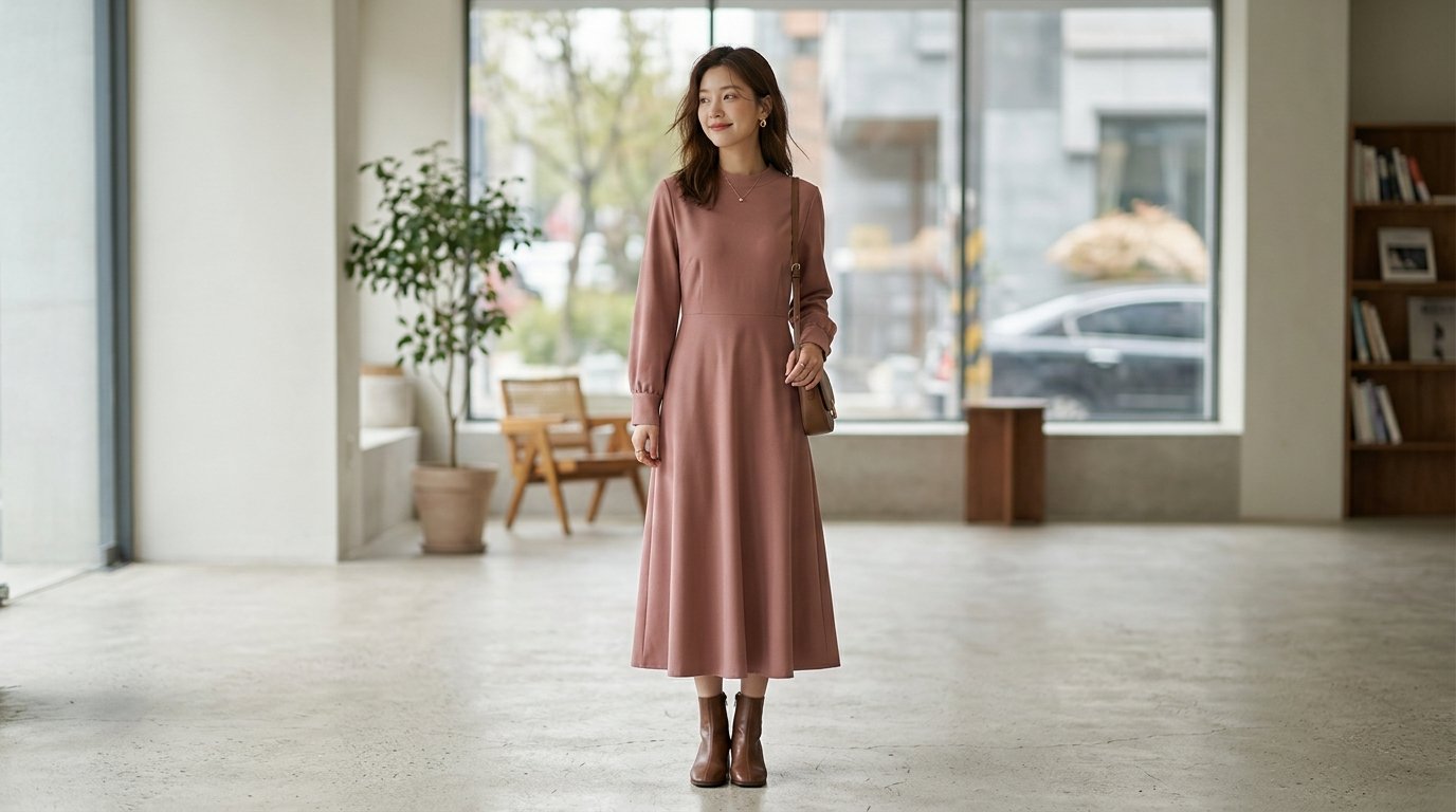 블랙과 베이지 긴팔원피스가 스타일리시하게 놓인 장면