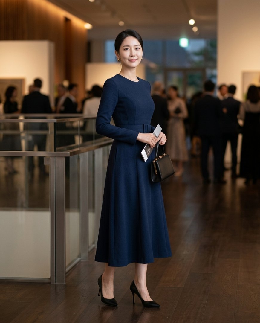 우아한 긴팔원피스를 입은 여성의 오피스 룩