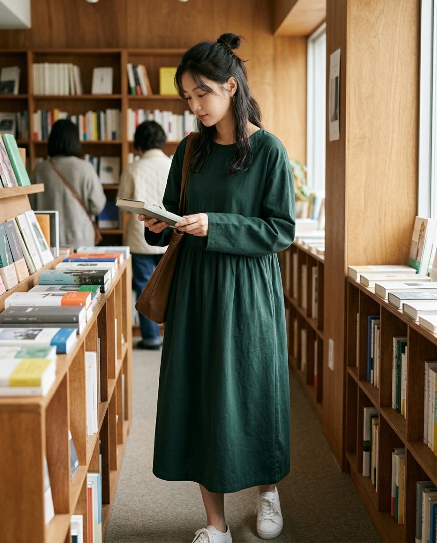 일상에서 자연스럽게 긴팔원피스를 입은 여성