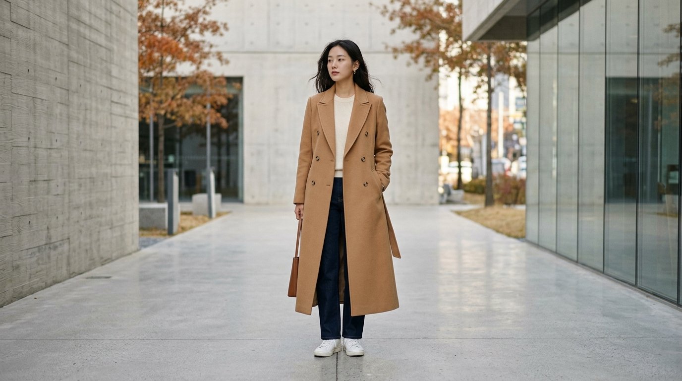세 명의 여성이 각기 다른 스타일의 롱자켓을 입고 거리를 걷고 있는 모습