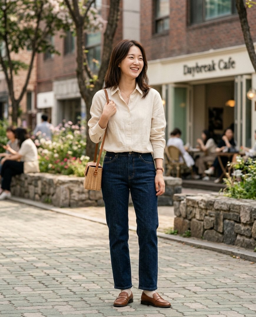 카페 테이블 위의 데님과 브라운 셔츠