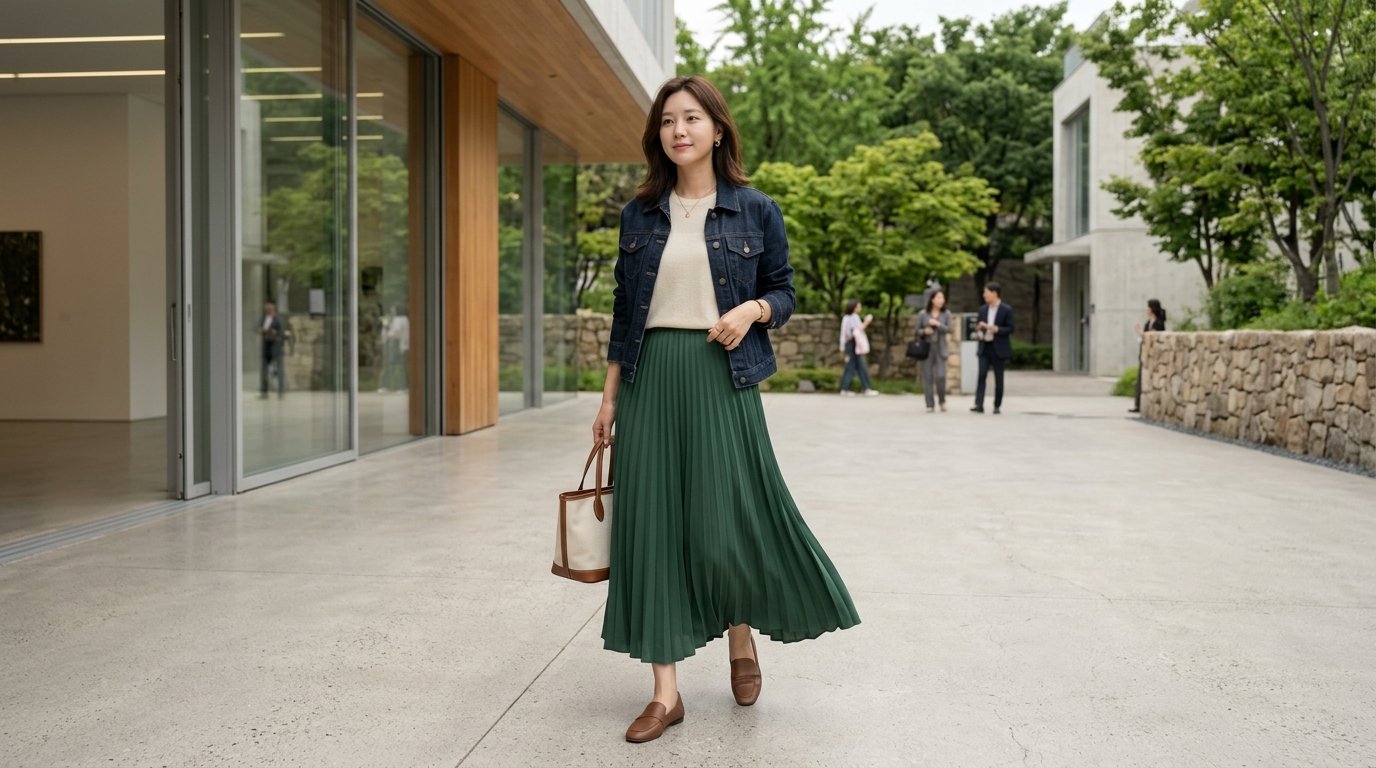 도심 거리에서 다양한 롱스커트를 착용한 여성들이 걸어가는 모습.