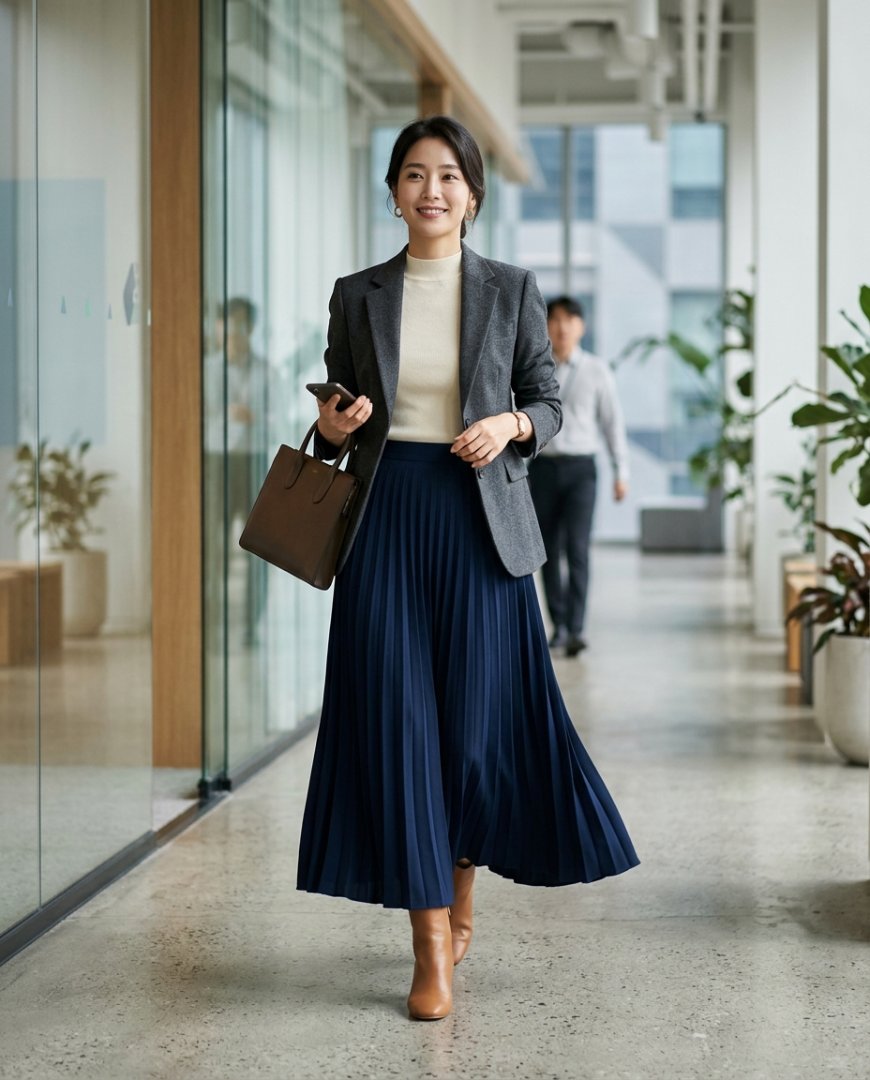 사무실에서 롱스커트와 블라우스를 입은 여성들.