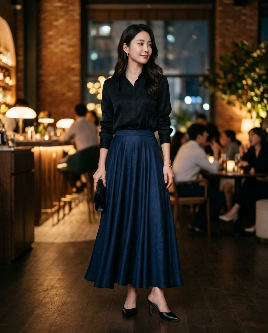 저녁 식당에서 롱스커트와 니트를 입은 여성들.